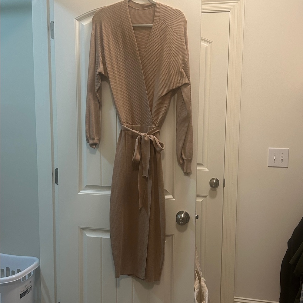 Tan Long Sleeve Belted Sweater Dress